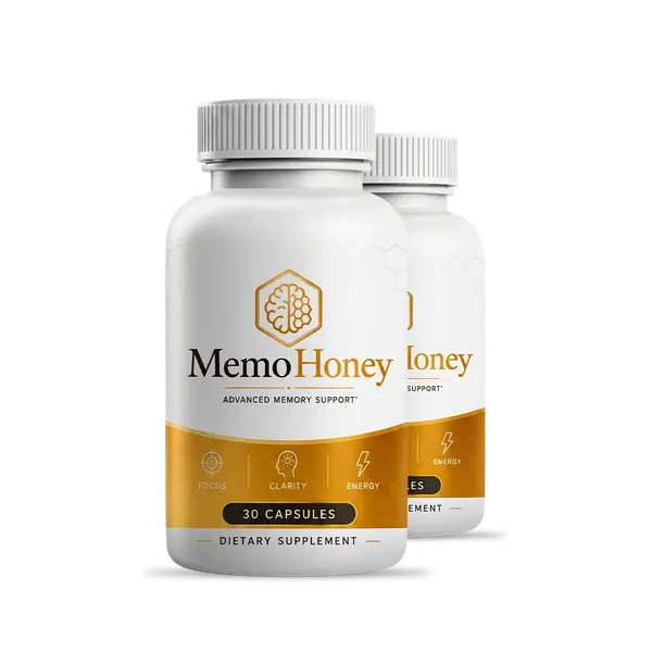 Two white MemoHoney bottles with gold honeycomb labels, 30 capsules each