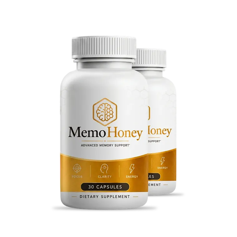 Two MemoHoney bottles, white with a gold honeycomb band, a brain-in-a-hexagon logo and the words Advanced Memory Support