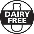 Black and white seller seal shaped like a milk bottle reading Dairy Free
