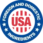Small blue seller seal with a USA mark reading Foreign and Domestic Ingredients