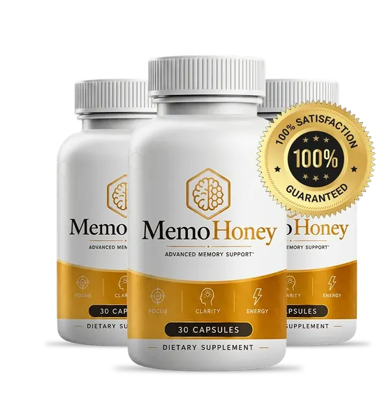 Three MemoHoney bottles with a gold seal reading 100% satisfaction guaranteed