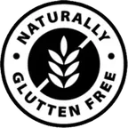 Black and white seller seal with a crossed-out wheat ear reading Naturally Gluten Free