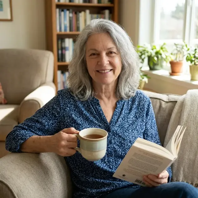 Older woman smiling as she reads, a mug in her hand