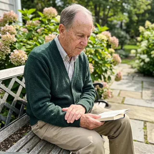 Older man reading on a garden bench