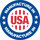 Blue seller roundel with stars and a striped USA mark reading Manufacture in USA