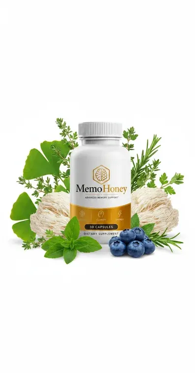 A MemoHoney bottle styled among blueberries and herbs
