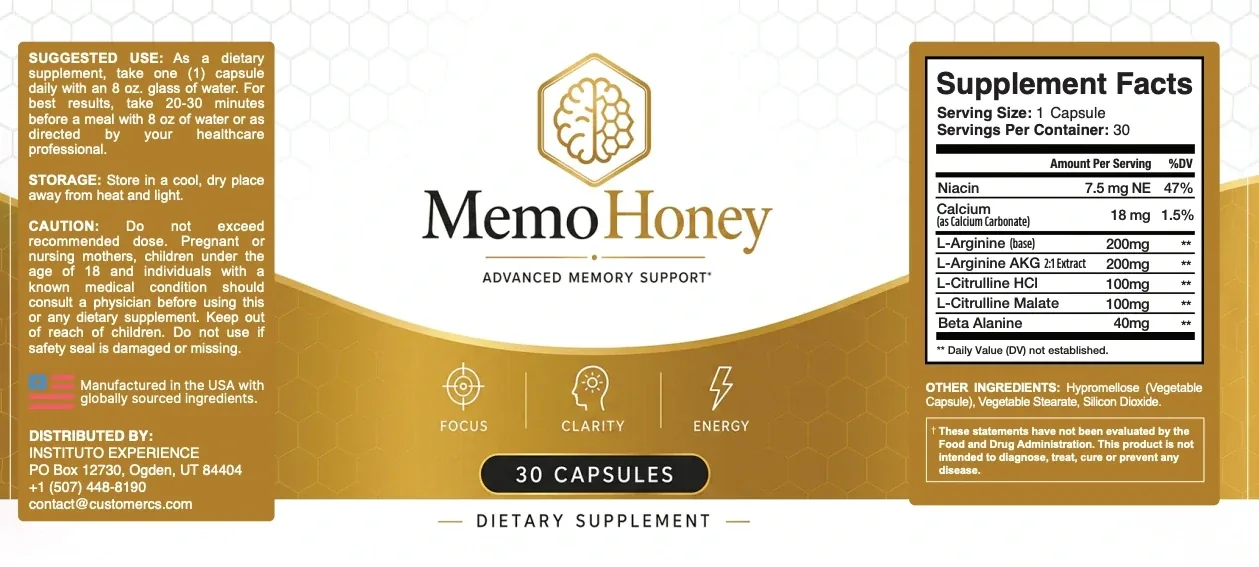 Flat MemoHoney label in gold: suggested use, storage and caution text, Manufactured in the USA, distributor Instituto Experience, Supplement Facts panel and other ingredients
